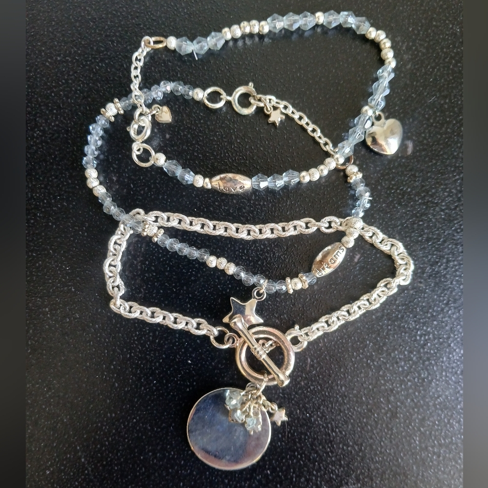 3 Piece 8" Beaded Charm Braclet Set Silver Tone & Blue